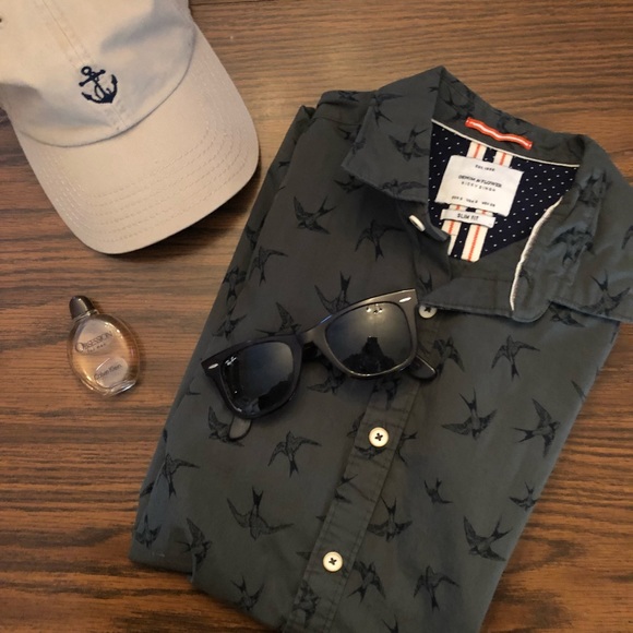 denim and flower bird shirt